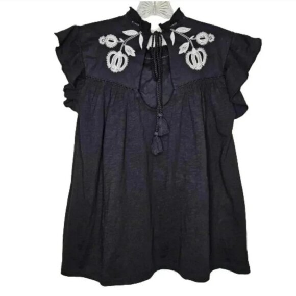 Knox Rose Black Embroidered Boho Flutter Sleeve Peasant Top XS Tassel Tie Back - Picture 4 of 8
